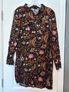 Pimkie Paisley Shirt Dress Boho Button Front Long Sleeve Size Small